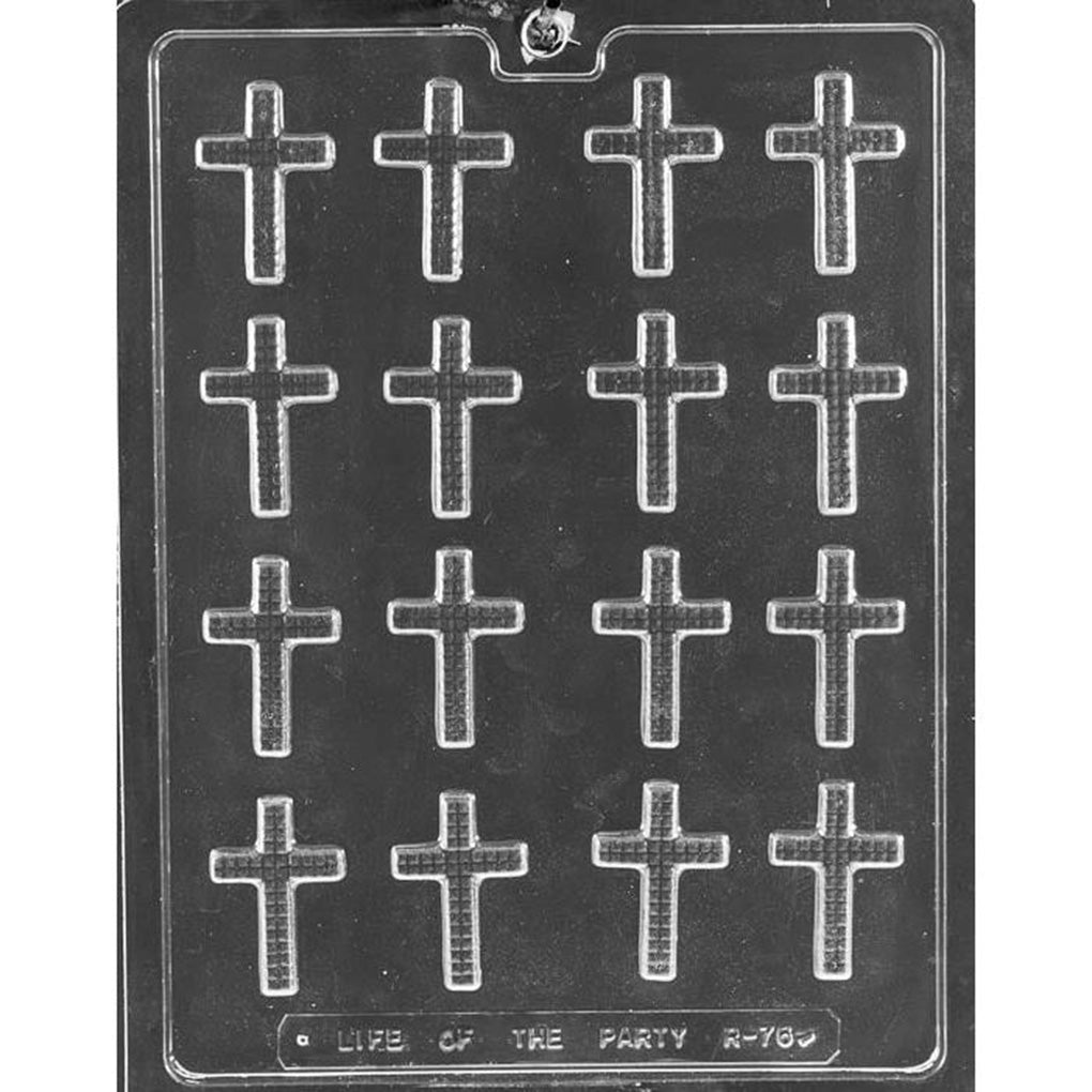 Clear Bite Size Textured Crosses Chocolate Mold photographed against a black background with 16 small textured cross-shaped cavities.