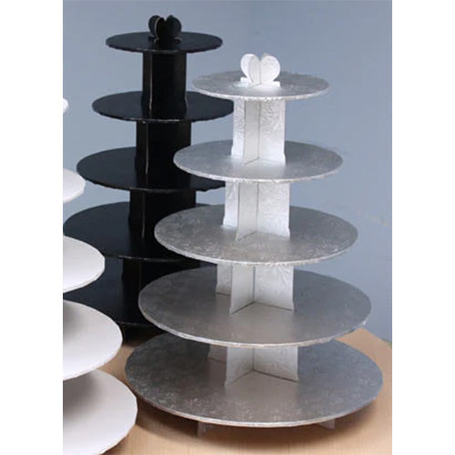 Black 5-tier cardboard cupcake stand with round platforms in descending sizes, ideal for displaying cupcakes or desserts at events.