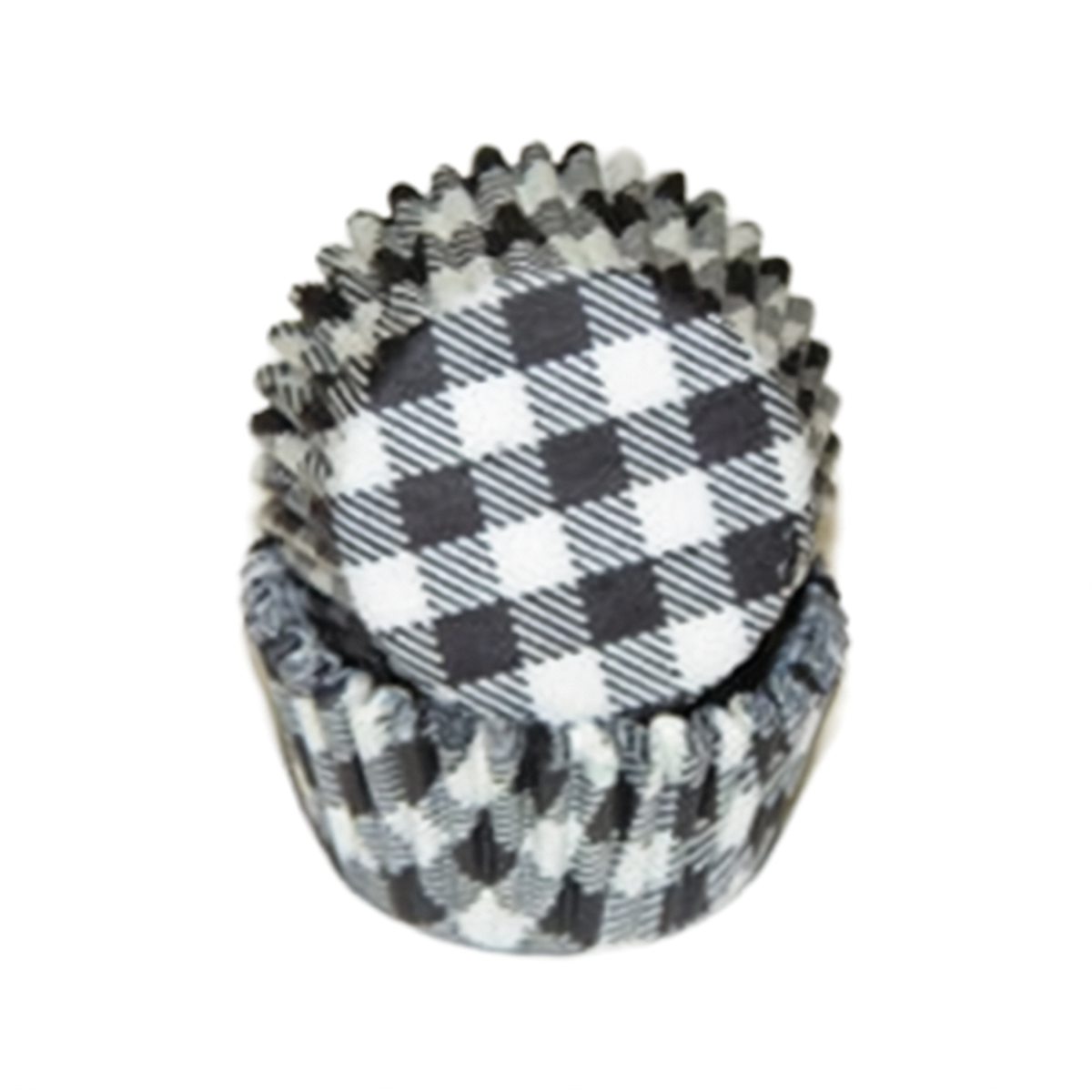 Stack of black gingham mini baking cups on a white background.