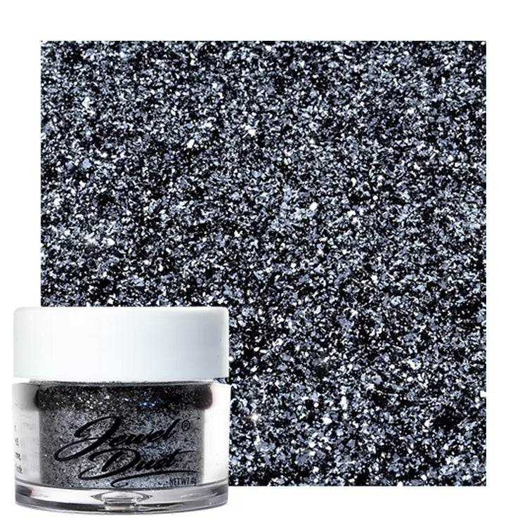 Black Jewel Dust edible glitter jar with silver shimmer swatch for decorating cakes, cookies, and desserts.
