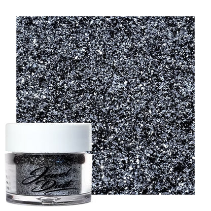 Black Jewel Dust edible glitter jar with silver shimmer swatch for decorating cakes, cookies, and desserts.