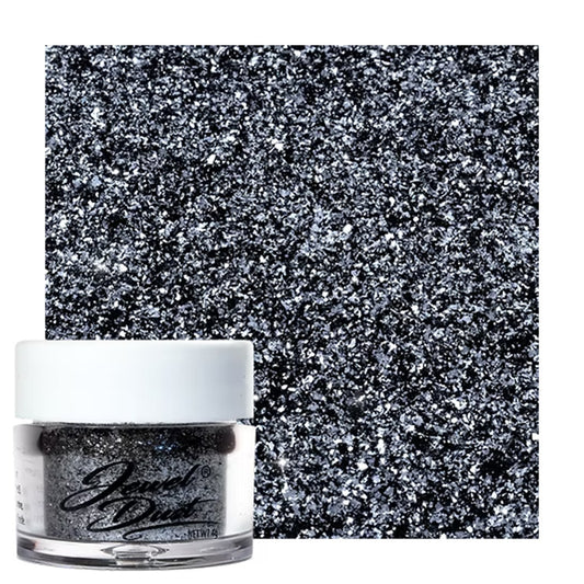 Black Jewel Dust edible glitter jar with silver shimmer swatch for decorating cakes, cookies, and desserts.