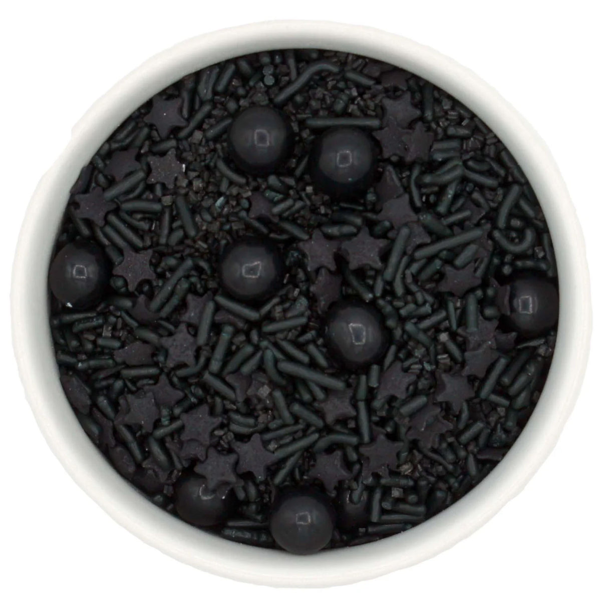 Black Magic all-black sprinkle blend in a white bowl with black jimmies, sugar crystals, star-shaped quins, and round Sixlets