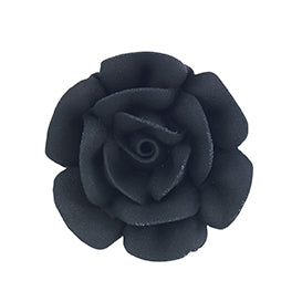 black royal icing rose with layered petals, 1.75 inches in diameter