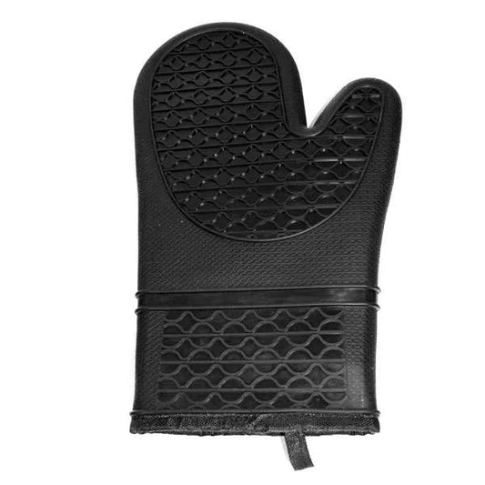 Black silicone oven mitt with textured non-slip surface and a loop for hanging, designed for heat resistance.