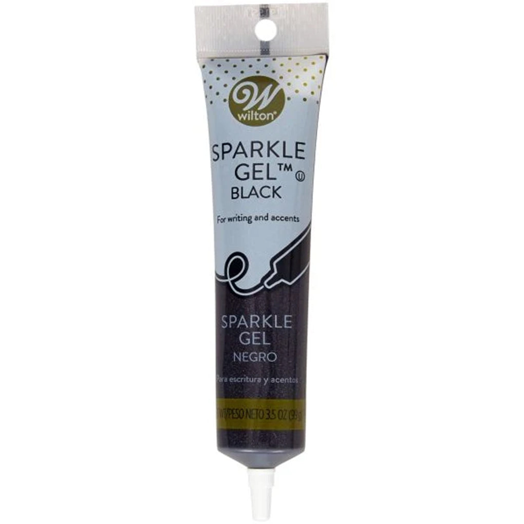 Wilton Black Sparkle Gel in a 3.5-ounce squeeze tube with dark black shimmering gel, Wilton logo, and pointed decorating tip.