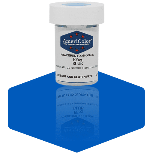 AmeriColor Blue powdered food coloring 3 gram container displaying vibrant blue powder for buttercream and fondant.