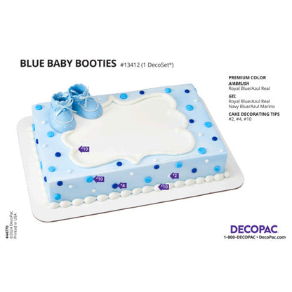 DecoSet packaging image for Blue Baby Booties Cake Decorating Kit with decorating suggestions and color recommendations