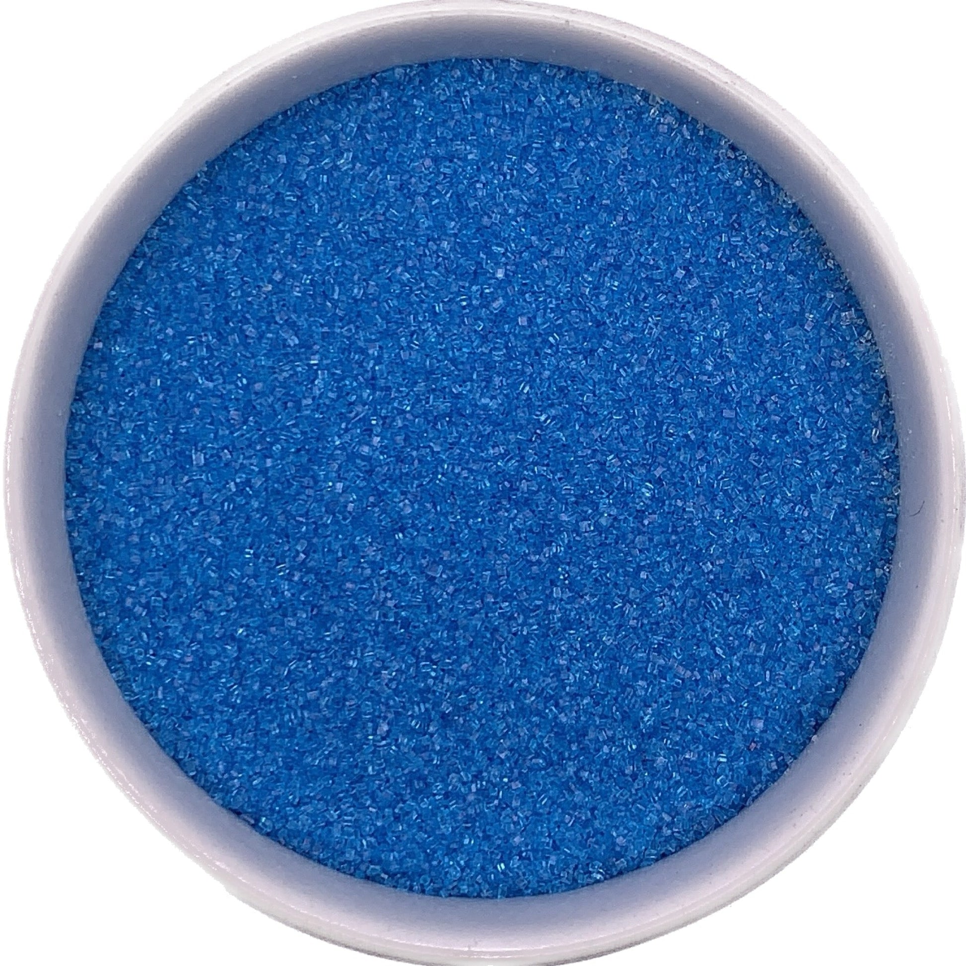 Bright blue fine sanding sugar in a clear plastic container, showcasing vibrant crystals with smooth texture.