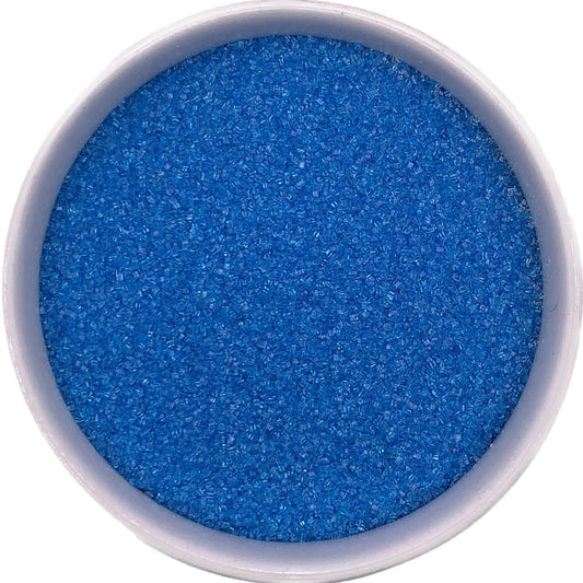 Bright blue fine sanding sugar in a clear plastic container, showcasing vibrant crystals with smooth texture.