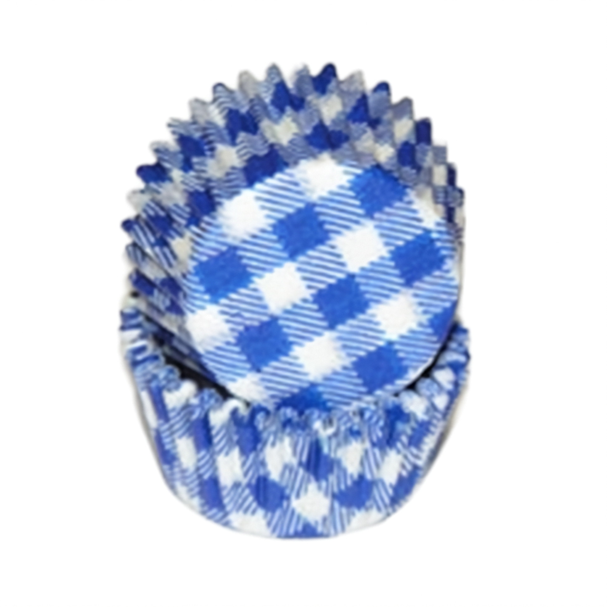 Stack of blue gingham mini baking cups on a white background.