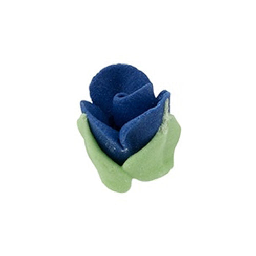 Mini royal icing rosebud in deep blue with green leaves, measuring about 1/2 inch wide.