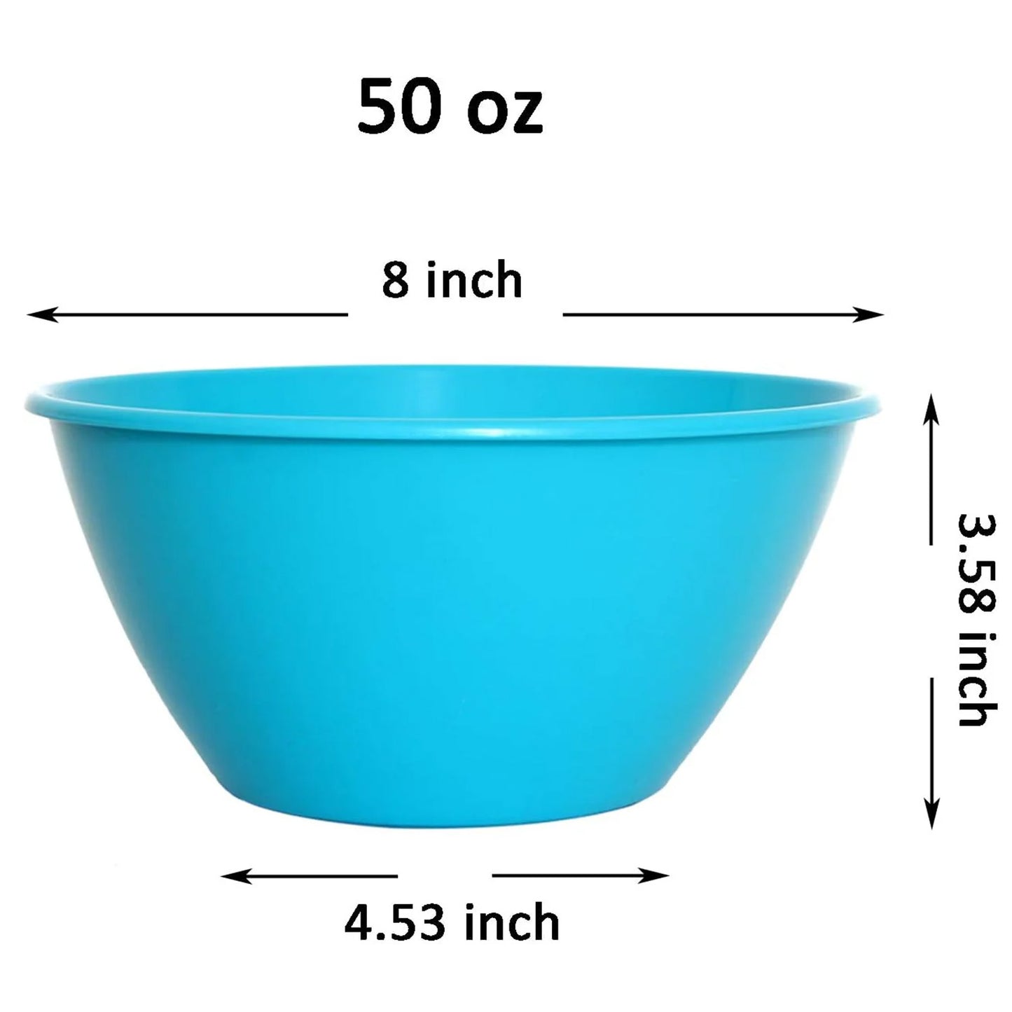 Blue microwavable bowl labeled 50 oz with size callouts showing 8 inch top diameter, 3.58 inch height, and 4.53 inch base.