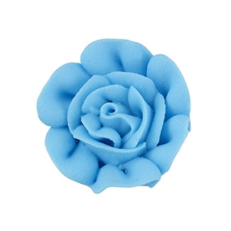Royal icing rose in blue, medium size, realistic piped flower decoration for cakes and cupcakes