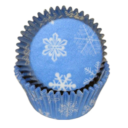 Stack of blue standard baking cups with white snowflake designs, ideal for winter and Christmas-themed cupcakes.