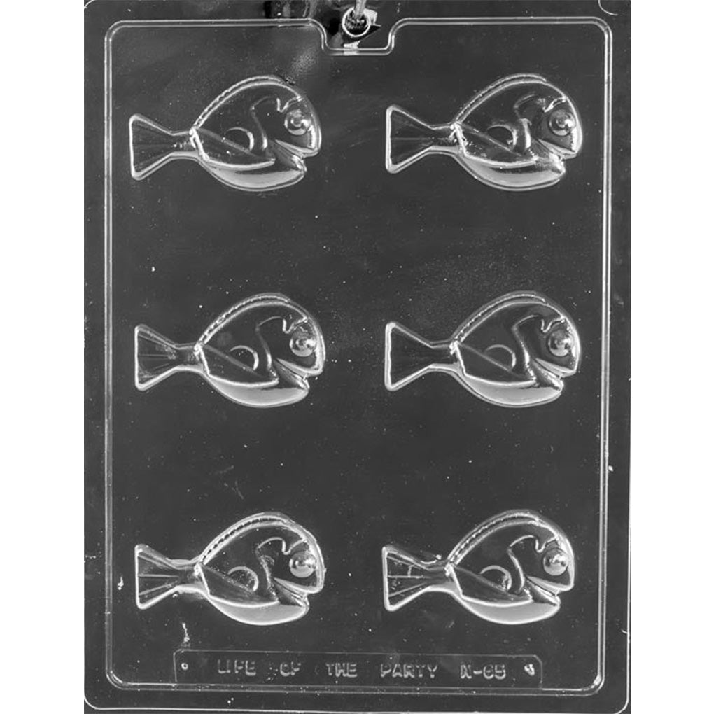 Six-cavity blue tang fish chocolate mold with rounded fish bodies, triangular tails, raised eyes, curved markings, and defined fins.