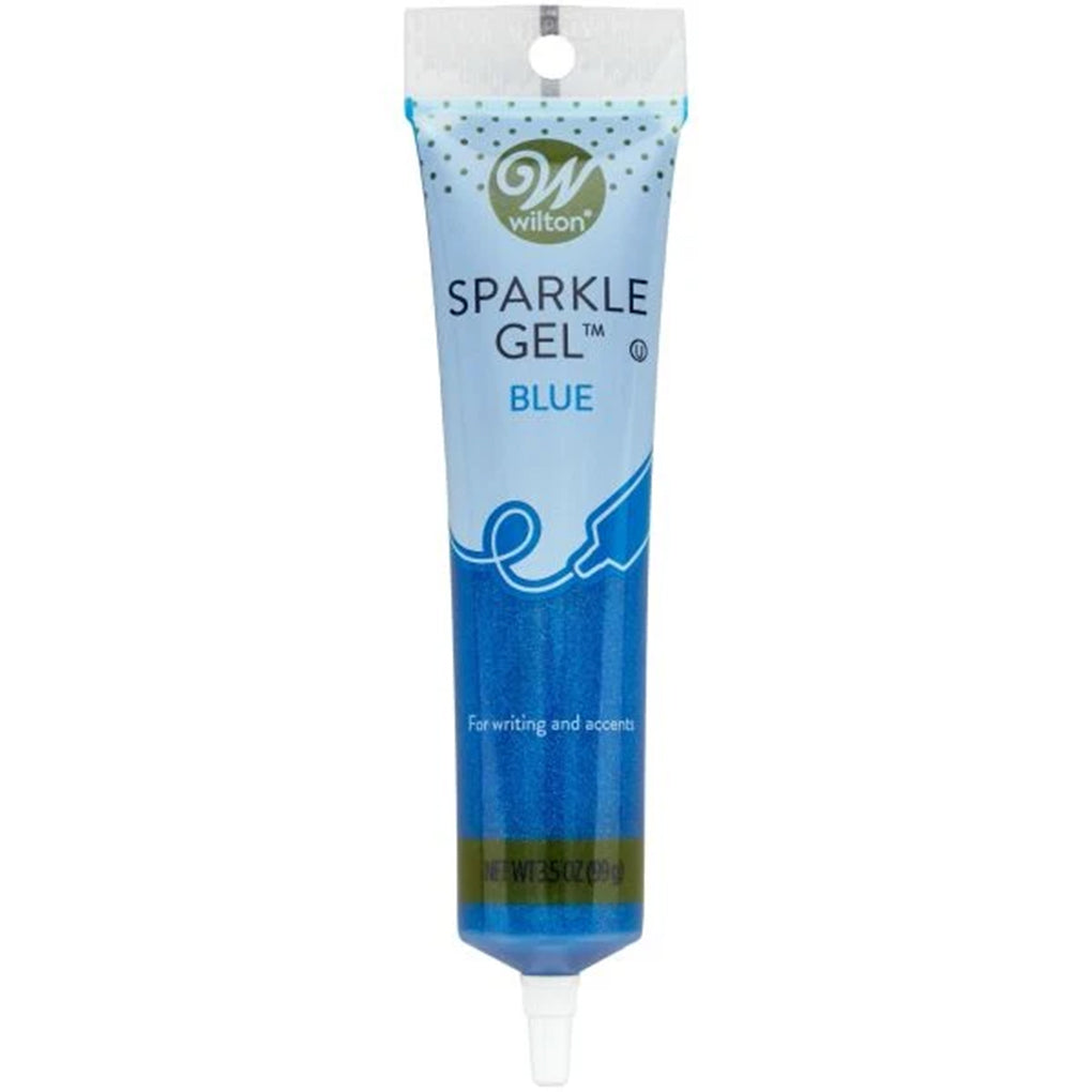 Wilton Blue Sparkle Gel in a 3.5-ounce squeeze tube filled with bright blue shimmering decorating gel and a narrow piping tip.