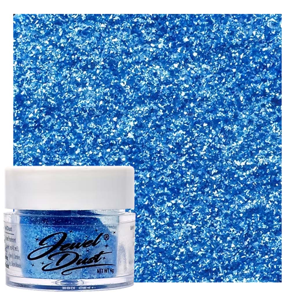 Blueberry Jewel Dust edible glitter jar with bright sparkle swatch for cake decorating, drinks, and desserts.