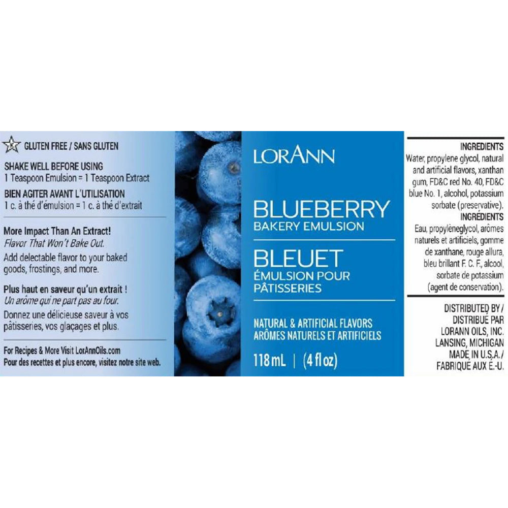 LorAnn Blueberry Bakery Emulsion label with close-up of blueberries and ingredient list.