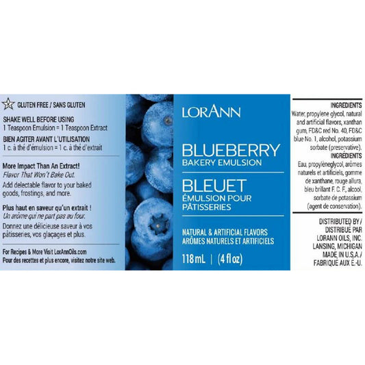 LorAnn Blueberry Bakery Emulsion label with close-up of blueberries and ingredient list.
