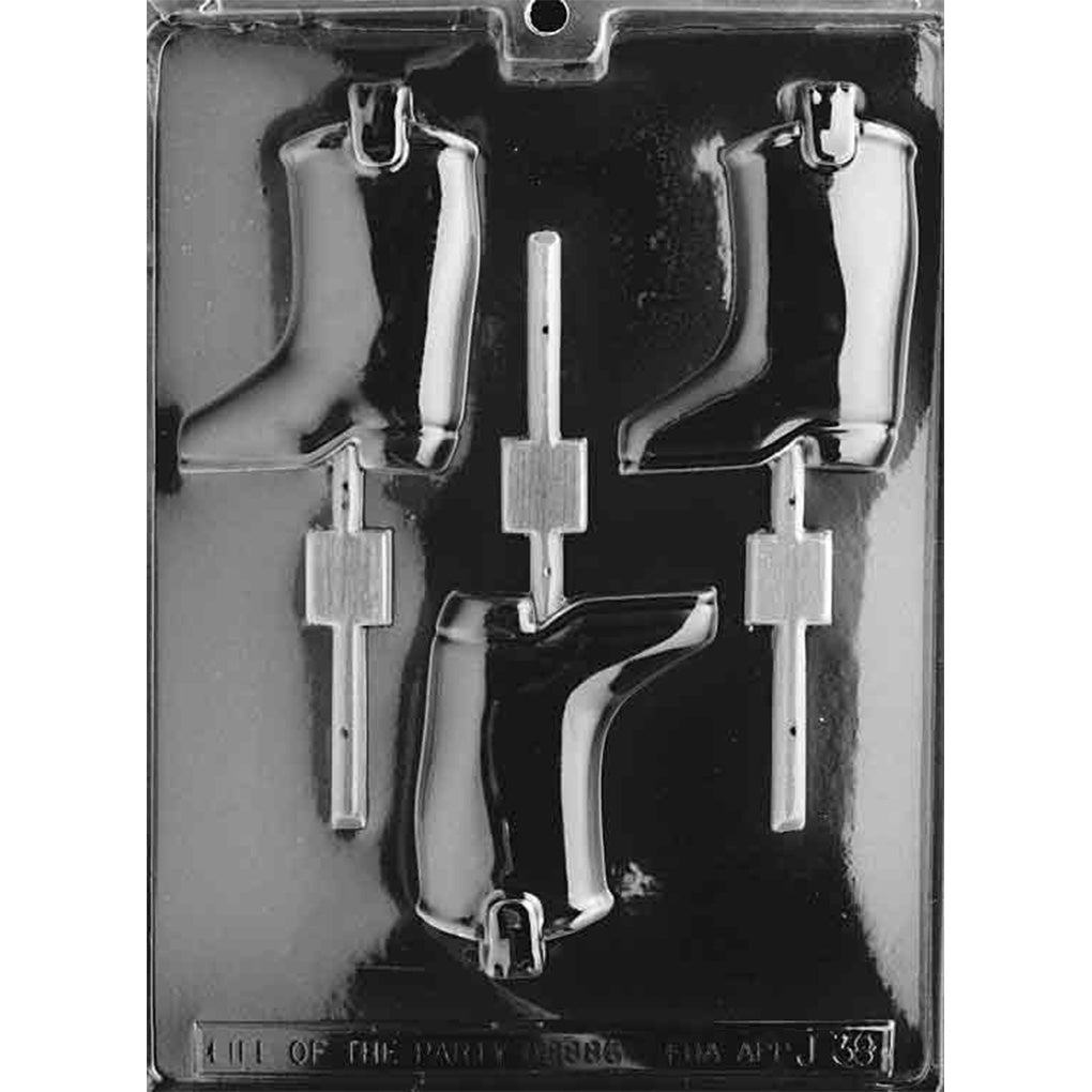 Clear chocolate lollipop mold with three boot-shaped cavities, each shown in side profile with a defined heel and stick channel, photographed on a dark background.