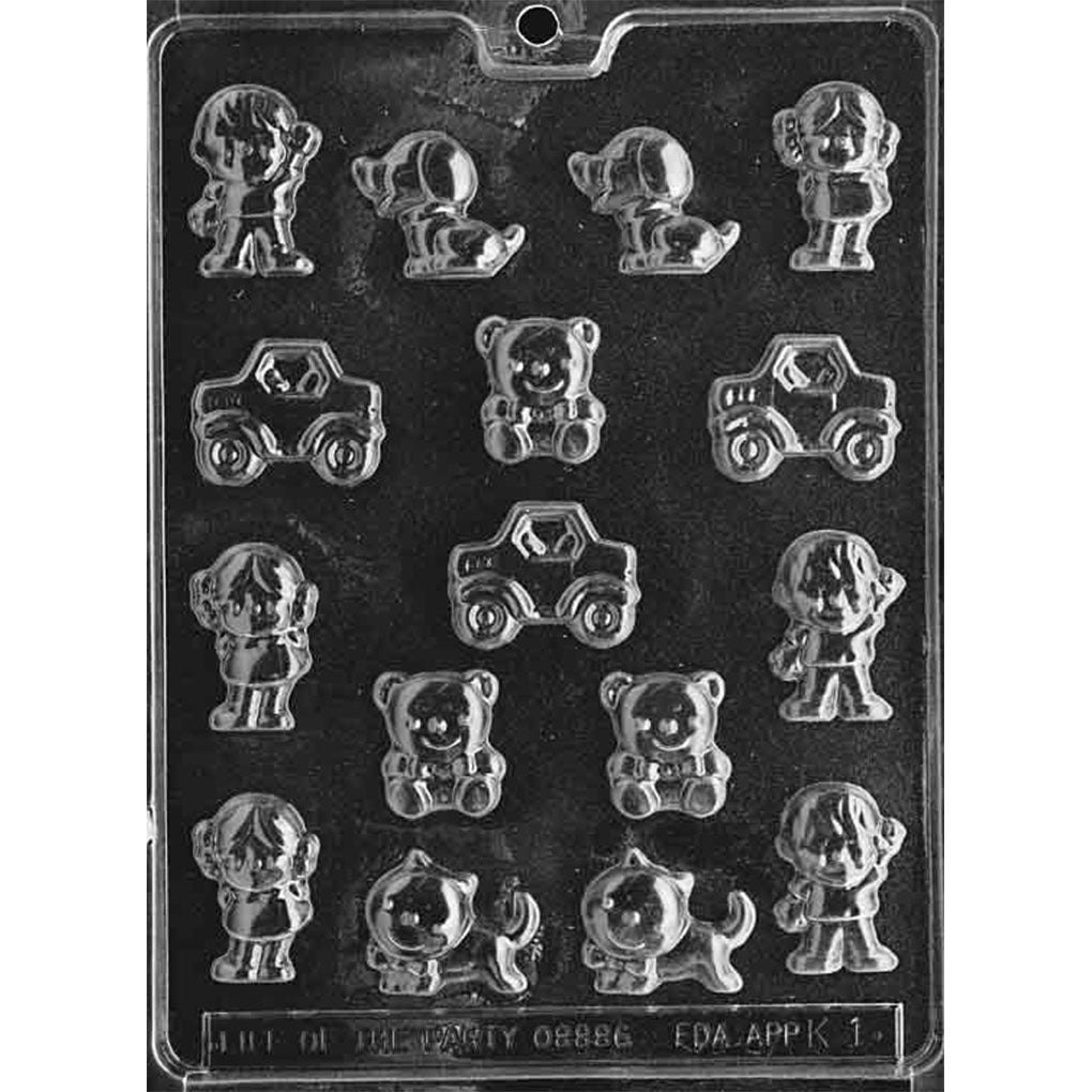 Sixteen-cavity Kids Assortment chocolate mold K001 with six child figures, four puppies, three teddy bears, and three toy trucks.