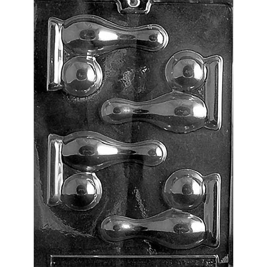 Four-cavity bowling pin and ball chocolate mold with combined bowling designs measuring 4 x 2 3/4 x 5/8 inches deep