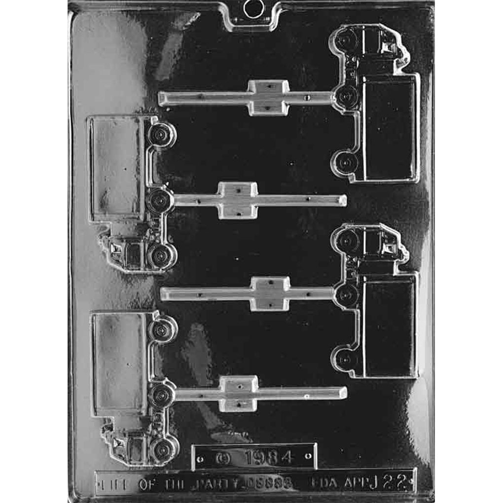 Box Truck chocolate lollipop mold with four side-view delivery truck cavities featuring cabs, wheels, large cargo panels, and stick channels
