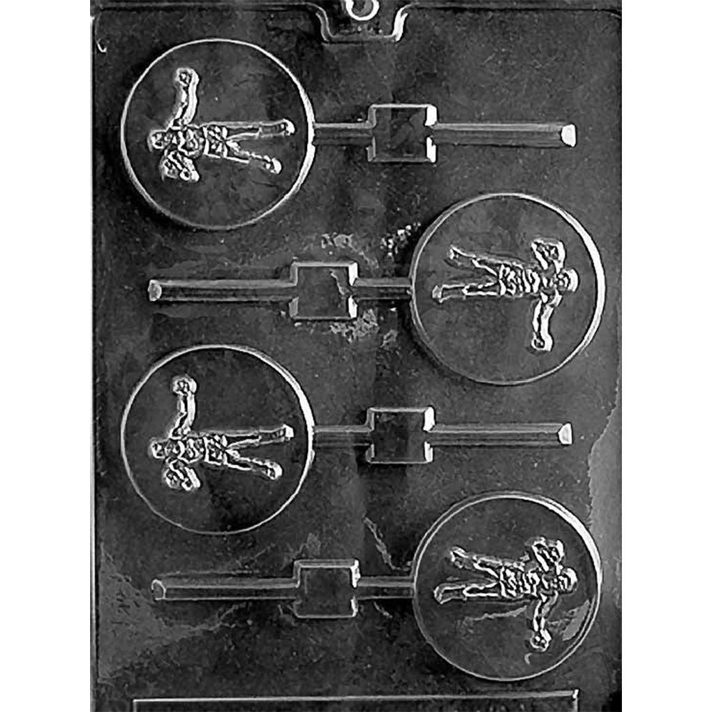 Clear four-cavity Boxer Chocolate Lollipop Mold with 2 1/2-inch round pops featuring full-body boxing figures and stick channels