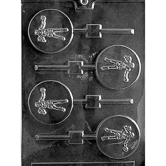 Clear four-cavity Boxer Chocolate Lollipop Mold with 2 1/2-inch round pops featuring full-body boxing figures and stick channels