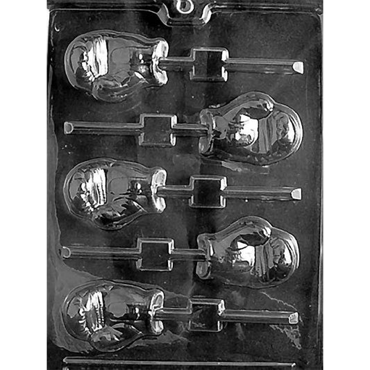 Clear plastic boxing glove chocolate lollipop mold with five 2 1/2 x 1 3/4 x 3/4-inch cavities in alternating orientations with padded glove and cuff details.