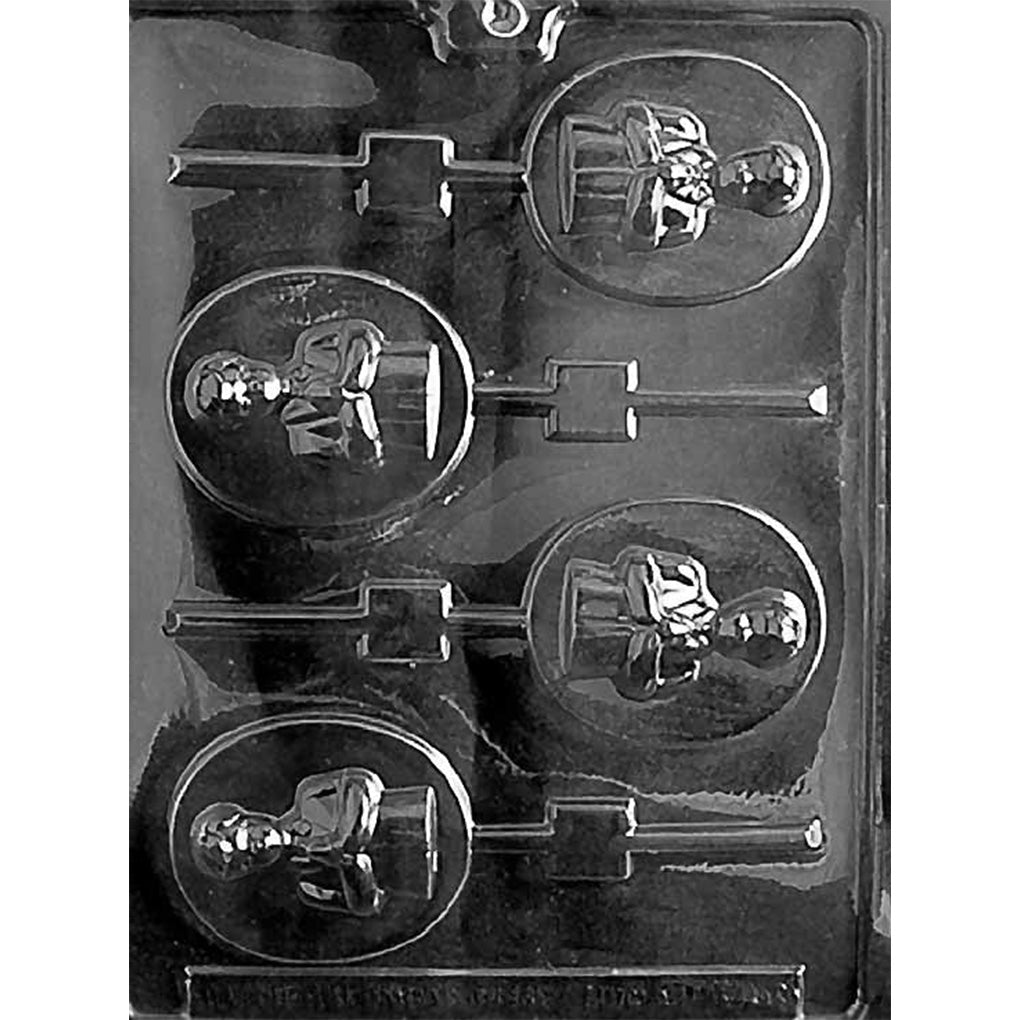 Clear chocolate lollipop mold with four round cavities featuring a boy dressed for First Communion, each with raised clothing and facial details and a straight stick channel.