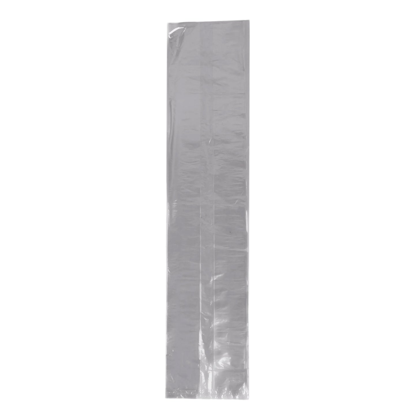 Clear 5" x 4" x 24" bread bag shown flat, a long transparent plastic bag for packaging loaves and baked goods.