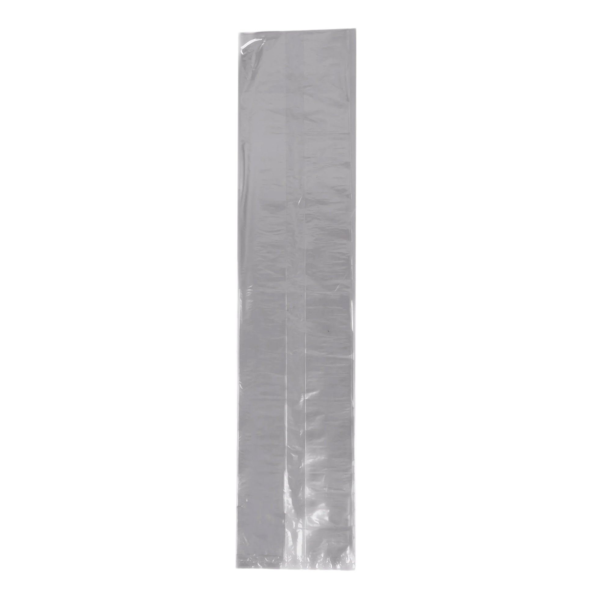 Clear 5" x 4" x 24" bread bag shown flat, a long transparent plastic bag for packaging loaves and baked goods.