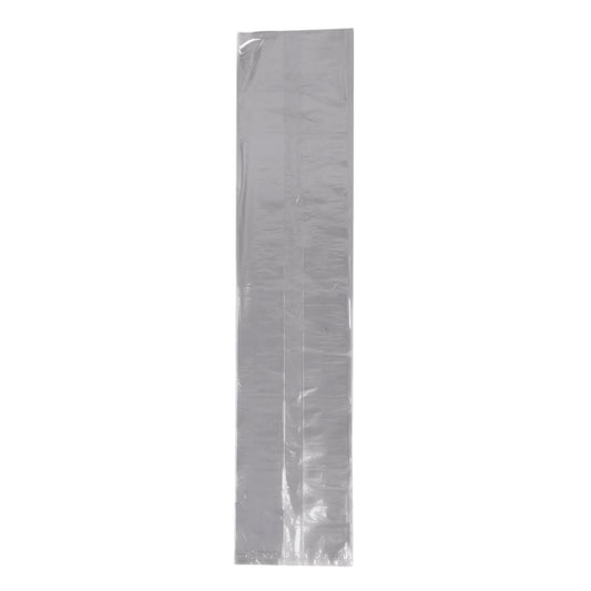 Clear 5" x 4" x 24" bread bag shown flat, a long transparent plastic bag for packaging loaves and baked goods.