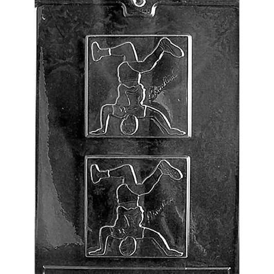 Clear plastic Break-Dancing Square Bar Chocolate Mold with two 3 1/4-inch cavities showing an upside-down breakdancer and the word “Breakin’”