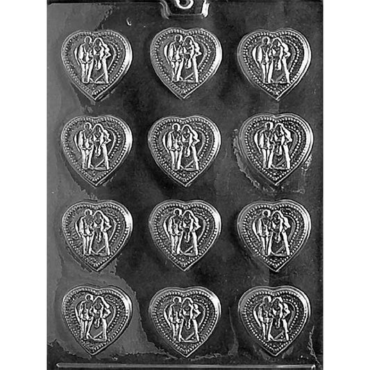 Clear plastic chocolate mold tray showing multiple small heart-shaped cavities, each embossed with a bride and groom couple inside a dotted heart border.