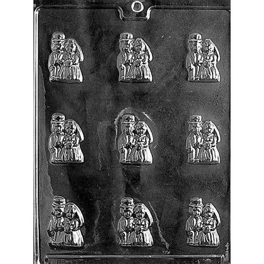 Clear plastic bride and groom mint chocolate mold with nine small cavities showing a groom in a top hat beside a veiled bride holding a bouquet