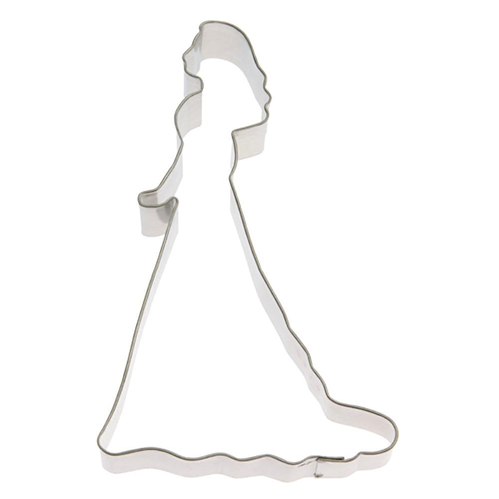 Metal cookie cutter in the shape of a princess or bride in a long gown.