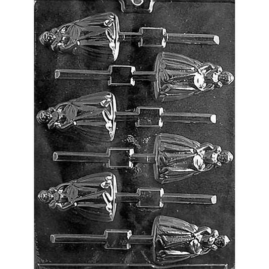 Clear plastic bridesmaid chocolate lollipop mold photographed on a dark background, showing cavities shaped like a bridesmaid in a full dress holding a bouquet with built-in stick channels.