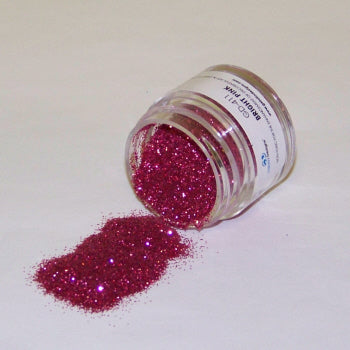 Deep pink Galaxy Glitter Dust labeled "Bright Pink," cascading from a jar with intense sparkle on a white background.