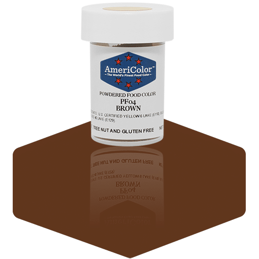 AmeriColor Brown powdered food coloring 3 gram jar featuring rich brown powder for chocolate and buttercream work.