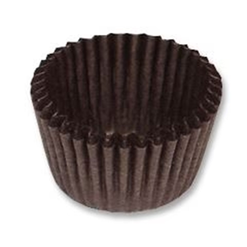 Brown pleated paper candy cup with tight accordion folds and a round shape, shown empty on a white background.