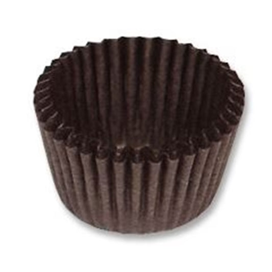 Brown pleated paper candy cup with tight accordion folds and a round shape, shown empty on a white background.