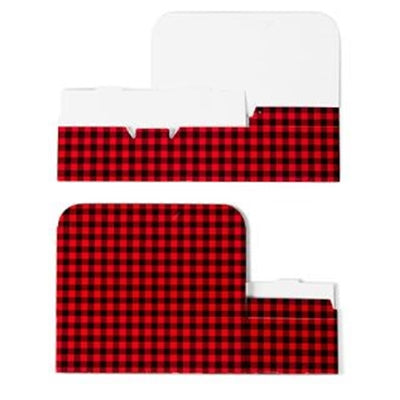 Flat view of a red and black buffalo plaid one-piece candy box showing the folded shape and white interior, photographed on a white background.