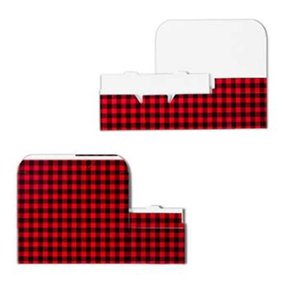 Flat view of a red and black buffalo plaid candy box showing the folded one-piece box shape with the lid open.