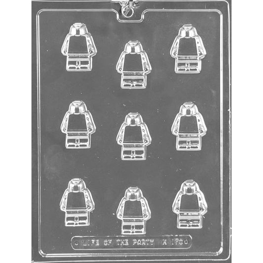 Clear plastic chocolate mold with nine small figure-shaped cavities resembling a building block toy character, arranged in a grid on a dark background.