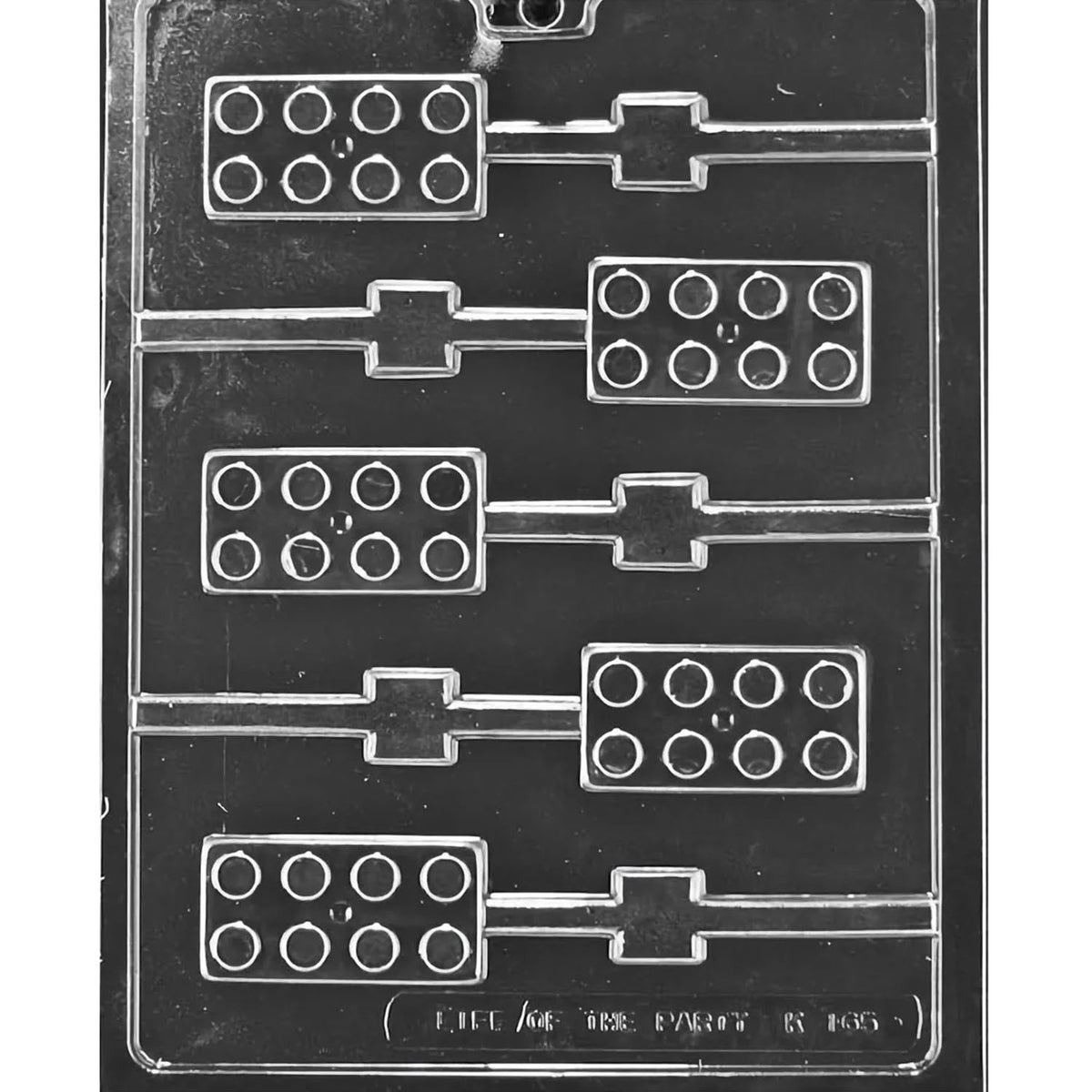 Five-cavity building block chocolate lollipop mold with eight-stud rectangular blocks measuring 1 1/4 x 2 1/2 inches and stick channels