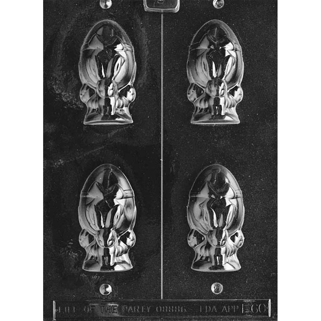 Clear plastic hollow 3D chocolate mold with a vertical center cut line, featuring cavities of three bunnies forming a tripod while supporting a large egg topped with a bow.