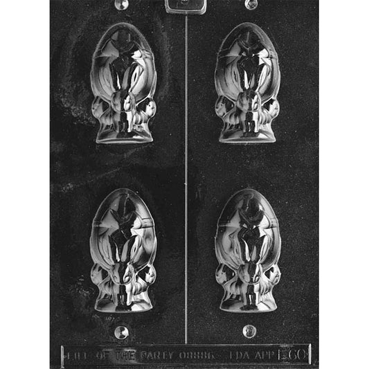 Clear plastic hollow 3D chocolate mold with a vertical center cut line, featuring cavities of three bunnies forming a tripod while supporting a large egg topped with a bow.